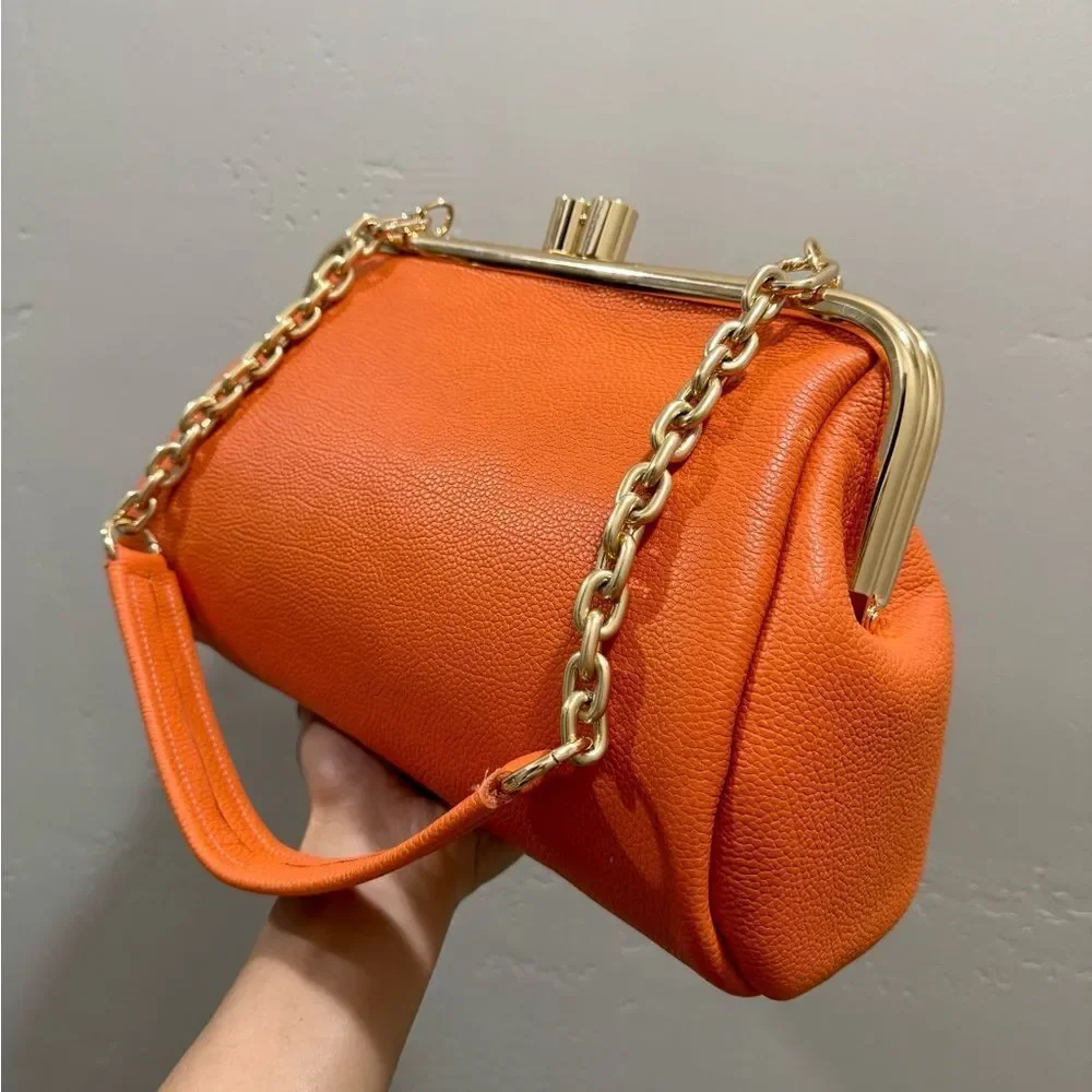 Orange Premium Pebble Cowhide Handmade Large Kiss Lock Handbag/ Multi Use Style